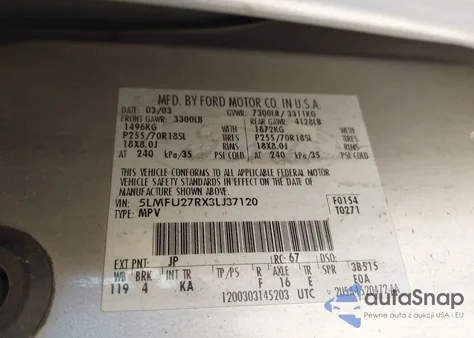 2003 Lincoln Navigator z USA, uszkodzony, nr VIN 5LMFU27RX3LJ37120